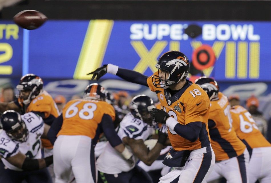 Denver Broncos quarterback Manning throws a pass against the Seattle Seahawks during the second quarter in the NFL Super Bowl XLVIII in East Rutherford