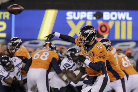 Denver Broncos quarterback Manning throws a pass against the Seattle Seahawks during the second quarter in the NFL Super Bowl XLVIII in East Rutherford