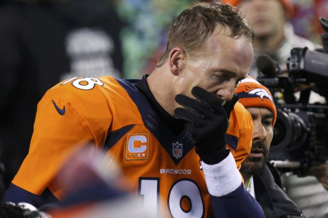 Denver Broncos quarterback Peyton Manning leaves the field after being defeated by the Seattle Seahawks in the NFL Super Bowl XLVIII football game in East Rutherford