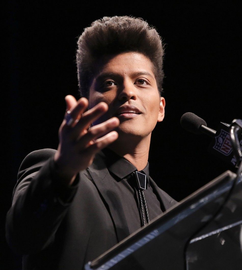 Singer Bruno Mars Speaks at the Super Bowl Half Time Press Conference in New York
