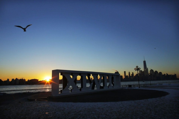 The New York skyline and the One World Trade Center are seen in the distance as roman numerals for NFL Super Bowl XLVIII football game are displayed in Hoboken, New Jersey, January 30, 2014.