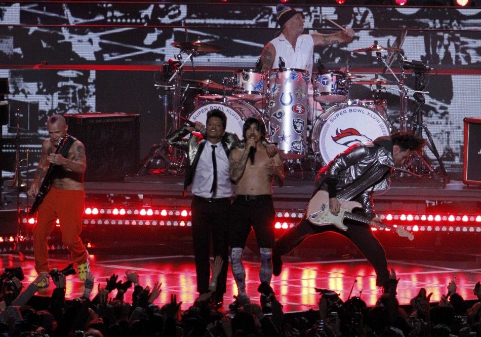 Bruno Mars Performs with The Red Hot Chili Peppers During the Halftime Show of the NFL Super Bowl XLVIII Football Game Between the Denver Broncos and the Seattle Seahawks in East Rutherford