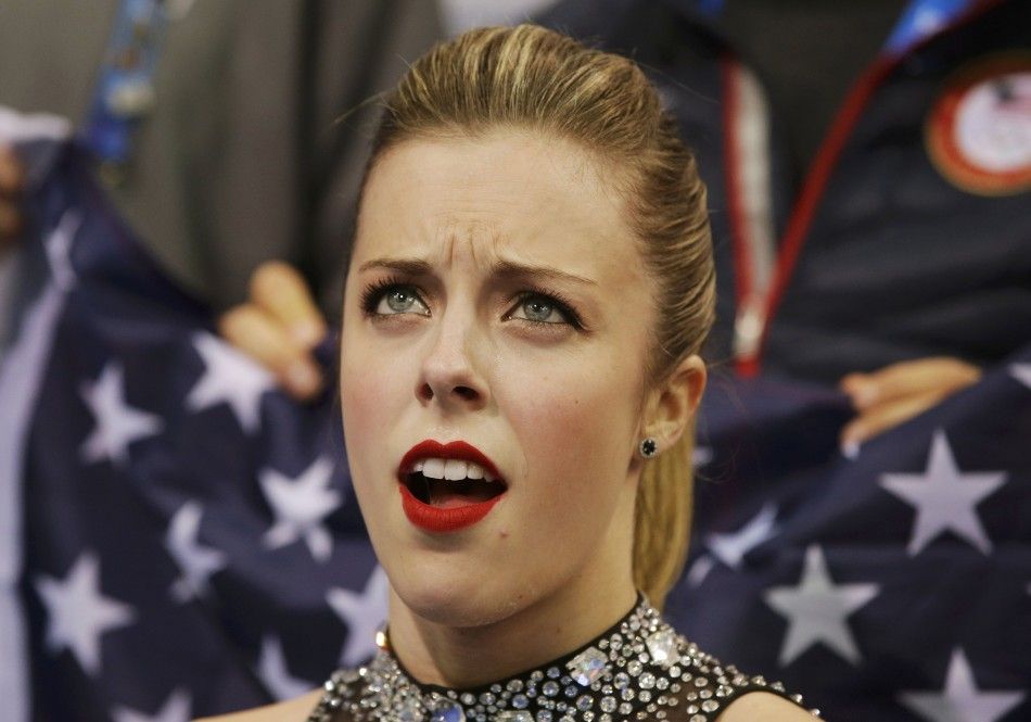 Ashley Wagner of the United States reacts in the quotkiss and cryquot area during the Team Ladies Short Program at the Sochi 2014 Winter Olympics