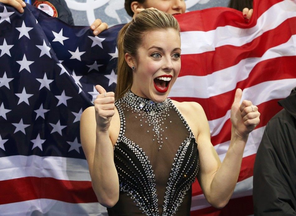 Ashley Wagner of the United States celebrates in the quotkiss and cryquot area during the Team Ladies Short Program at the Sochi 2014 Winter Olympics