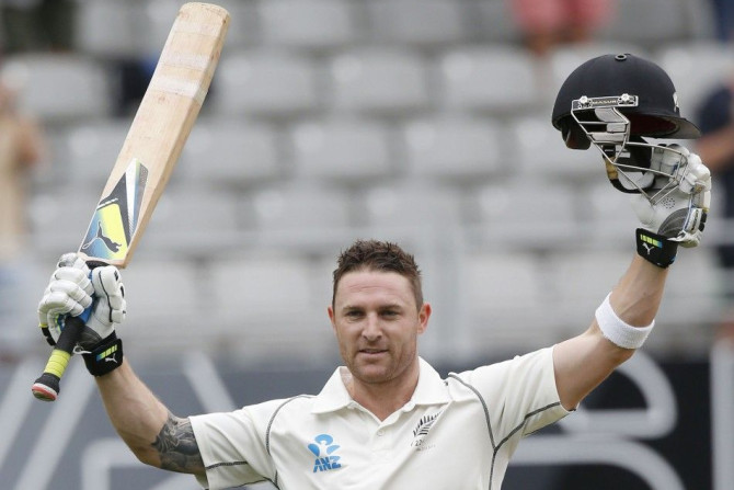 New Zealand's McCullum celebrates scoring 200 runs on day two of the first international test cricket match against India in Auckland