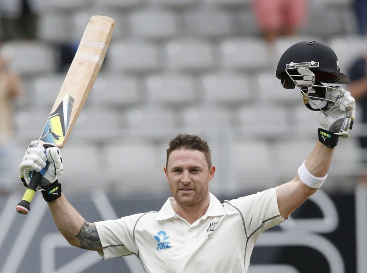New Zealand's McCullum celebrates scoring 200 runs on day two of the first international test cricket match against India in Auckland