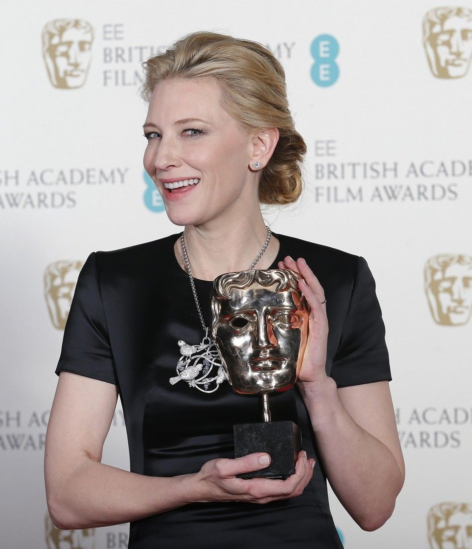 Cate Blanchett celebrates winning Best Actress for quotBlue Jasminequot at the BAFTA awards ceremony in London