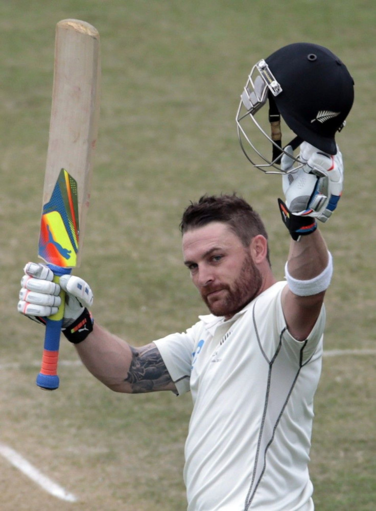 New Zealand's McCullum acknowledges his 300 against India during the second innings of play on day five of the second international test cricket match at the Basin Reserve in Wellington