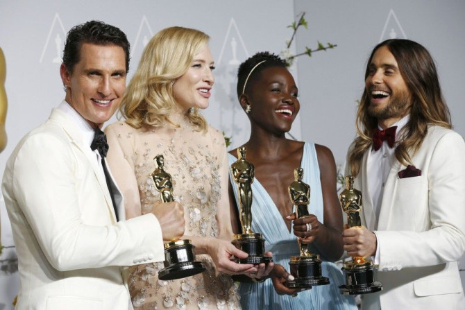Best actor winner Matthew McConaughey, best actress winner Cate Blanchett, best supporting actress winner Lupita Nyong&#039;o and best supporting actor winner Jared Leto pose with their Oscars at the 86th Academy Awards in Hollywood