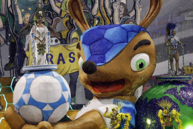 The official mascot of the FIFA 2014 World Cup, Fuleco the Armadillo, is seen on a float of Leandro de Itaquera samba school during the first night of the Special Group of the annual Carnival parade in Sao Paulo&#039;s Sambadrome February 28, 2014. REUTER
