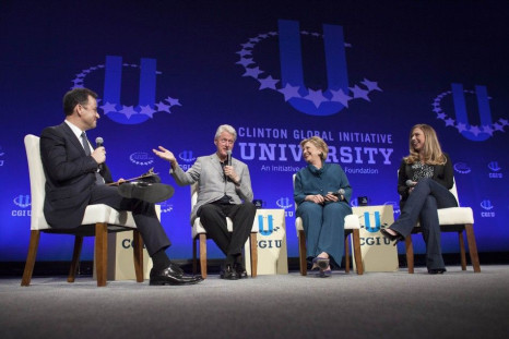 Jimmy Kimmel, Bill, Hillary and Chelsea Clinton discuss Clinton Global Initiative University during closing plenary session on second day of the 2014 Meeting of Clinton Global Initiative University at Arizona State University in Tempe