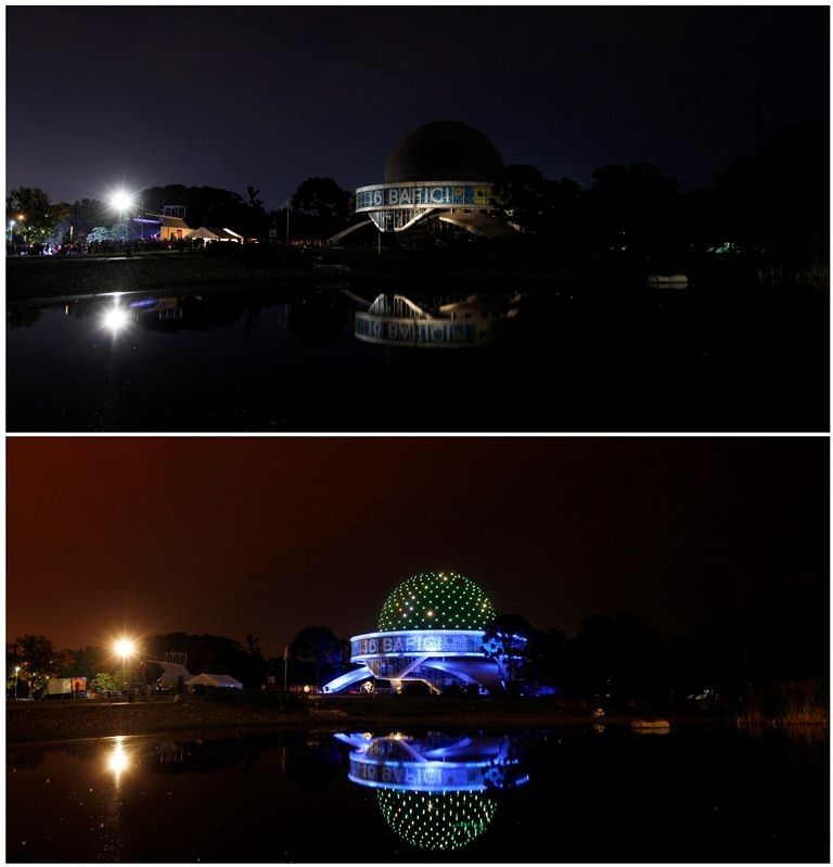 A combination picture shows the Galileo Galilei planetarium during and after Earth Hour in Buenos Aires