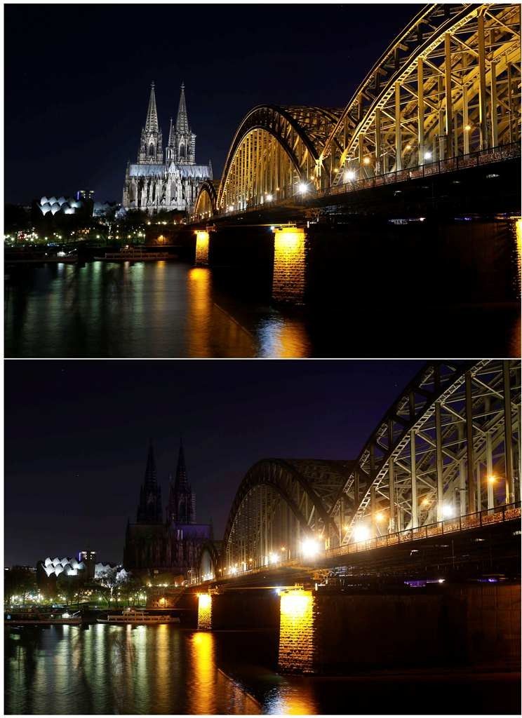 Combo picture shows the UNESCO World Heritage Cologne Cathedral and the Hohenzollern railway bridge along the river Rhine during and before Earth Hour