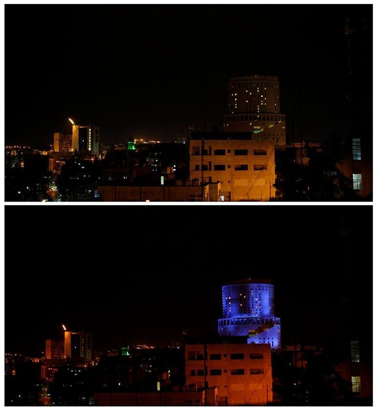 Combination photo shows the Le Royal Hotel before and during Earth Hour in Amman