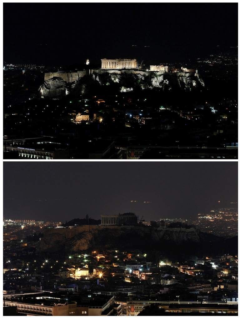 Combination picture shows a view of the hill of the Acropolis before and during Earth Hour in Athens