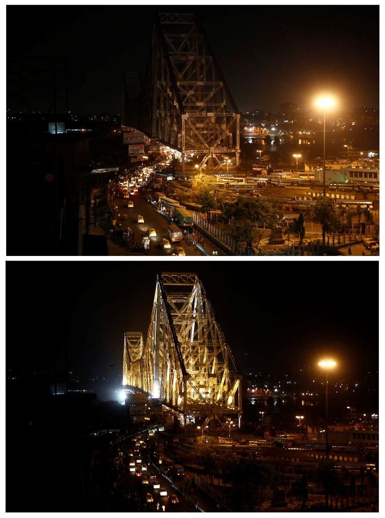 Combination picture of the Howrah Bridge before and during Earth Hour in Kolkata