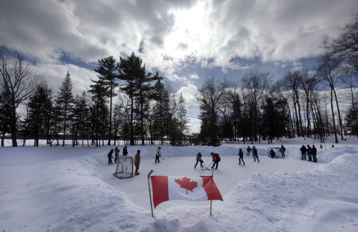 Youths play pond hockey on Pigeon Lake near the town of Bobcaygeon