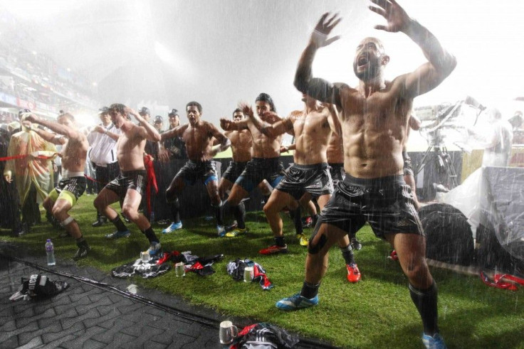 New Zealand players perform the haka following their win over England in the Cup final of the Hong Kong Sevens rugby tournament