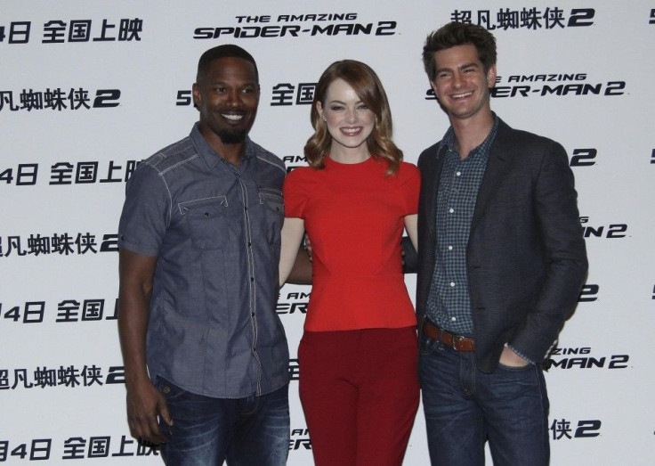 Cast members Jamie Foxx, Emma Stone and Andrew Garfield attend a promotional tour of &quot;The Amazing Spider-Man 2&quot; in Beijing