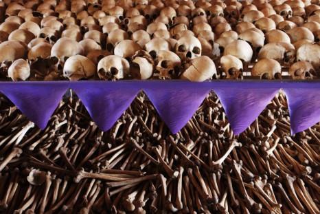 The skulls and bones of Rwandan victims rest on shelves at a genocide memorial inside the church at Ntarama, just outside the capital Kigali