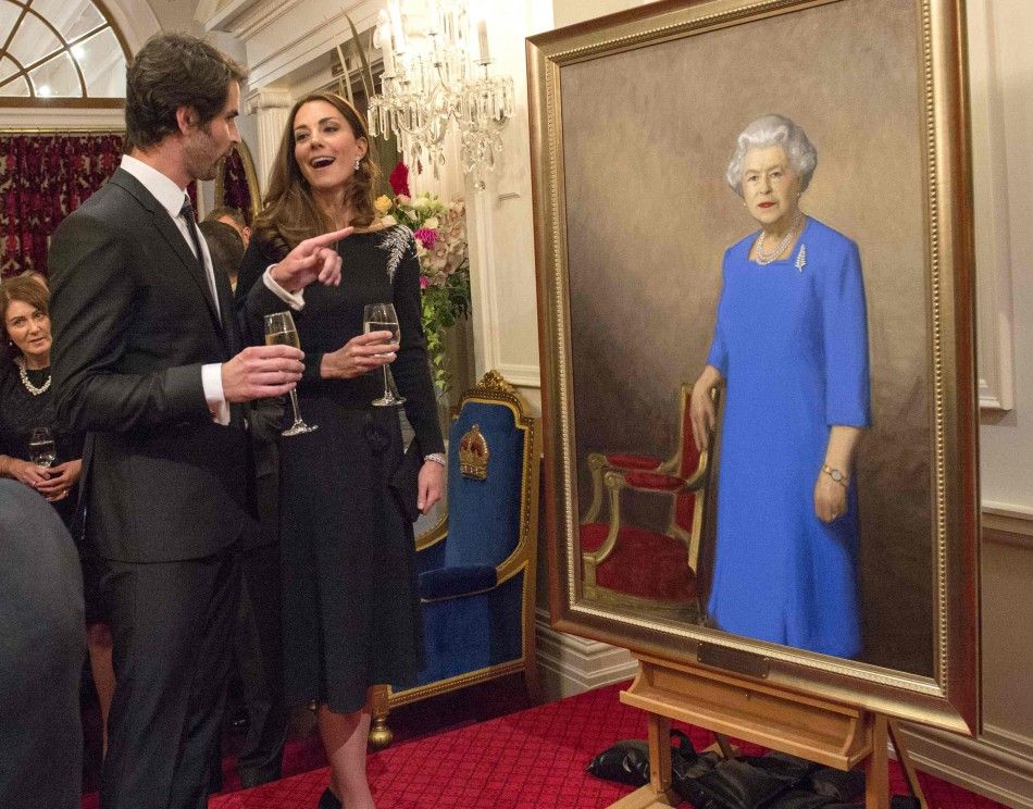 Britains Catherine, Duchess of Cambridge speaks to artist Nick Cuthell after she and her husband Prince William unveiled Cuthells portrait of Britains Queen Elizabeth at state reception at Government House in Wellington