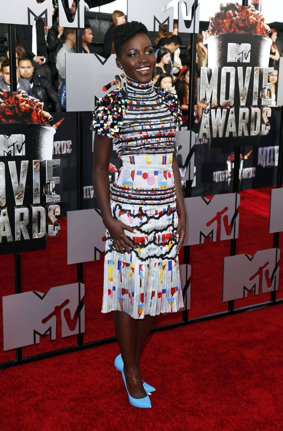 Lupita Nyongo arrives at the 2014 MTV Movie Awards in Los Angeles