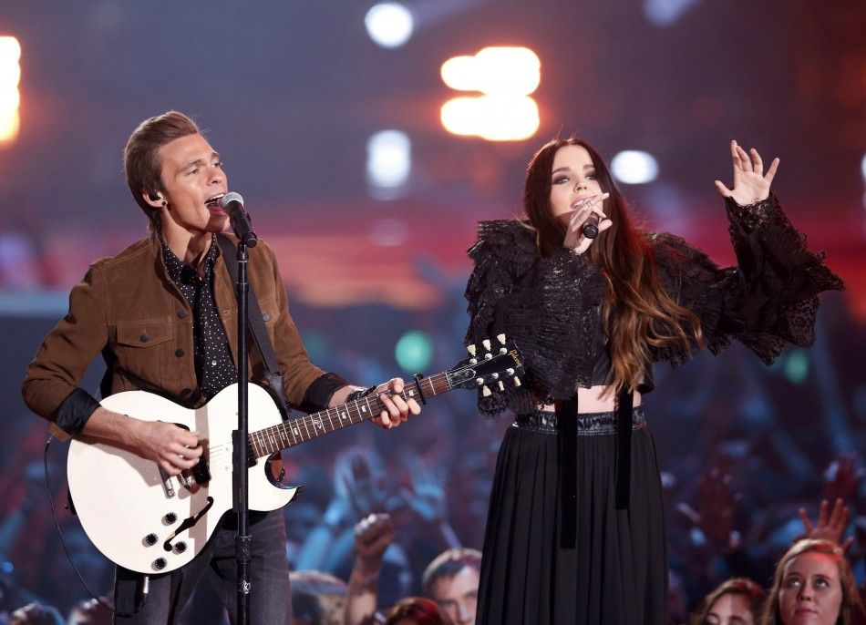 Matthew Koma and Miriam Bryant perform at the 2014 MTV Movie Awards in Los Angeles