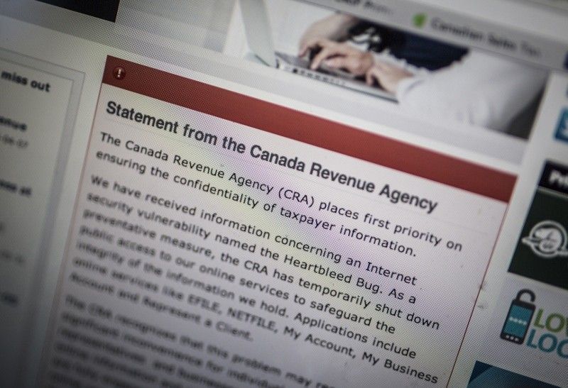The Canada Revenue Agency website is seen on a computer screen displaying information about an internet security vulnerability called the quotHeartbleed Bugquot in Toronto, April 9, 2014. Right in the heart of tax-filing season, the Canada Revenue Age