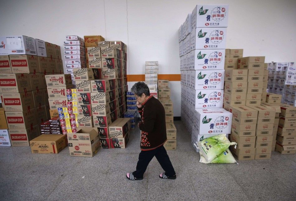 Food and drinks for family members of missing passengers on board the capsized South Korean ferry Sewol, are stocked in a makeshift accommodation at a gymnasium where family members wait for news from rescue and salvage teams, in the port city of Jindo Ap