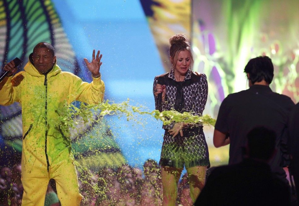 Musician Pharrell Williams and actress Kaley Cuoco get quotslimedquot on stage at the 27th Annual Kids Choice Awards in Los Angeles, California March 29, 2014.   REUTERSMario Anzuoni 