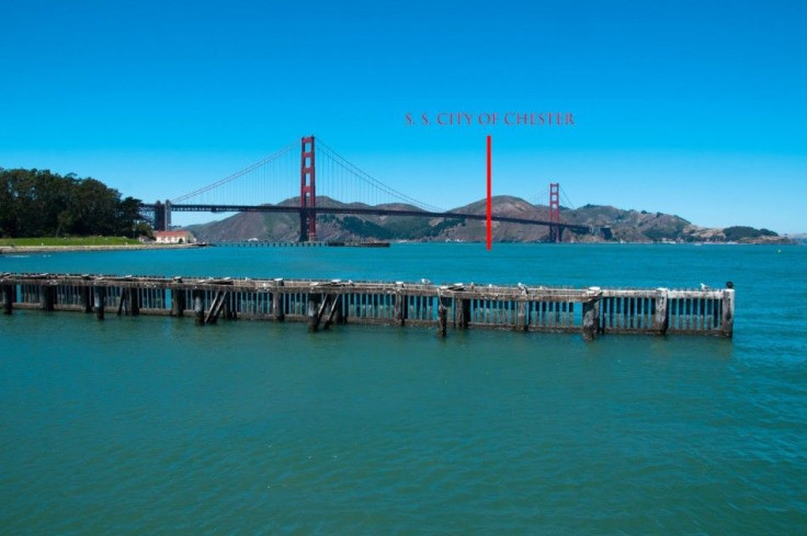 Modern view of the Golden Gate Channel and approximate location of the SS City of Chester