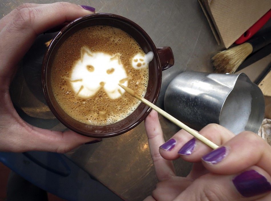 A worker makes the image of a cat on a quotCatachinoquot at the cat cafe in New York