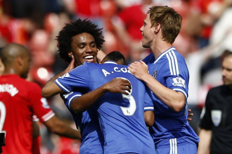 Chelsea's Willian (L) Celebrates with Team Mates After Scoring a Goal Against Liverpool during their English Premier League Soccer Match at Anfield in Liverpool, Northern England