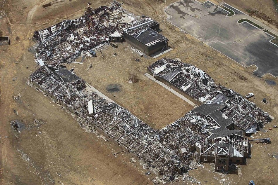 A newly built school is seen destroyed by a tornado in this aerial photograph near Vilonia, Arkansas April 28, 2014. A ferocious storm system caused a twister in Mississippi and threatened tens of millions of people across the U.S. Southeast on Monday, a 