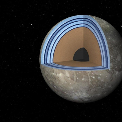 This artist&#039;s concept of Jupiter&#039;s moon Ganymede, the largest moon in the solar system, illustrates the &quot;club sandwich&quot; model of its interior oceans