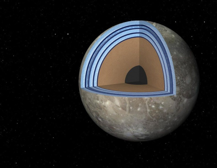 This artist&#039;s concept of Jupiter&#039;s moon Ganymede, the largest moon in the solar system, illustrates the &quot;club sandwich&quot; model of its interior oceans