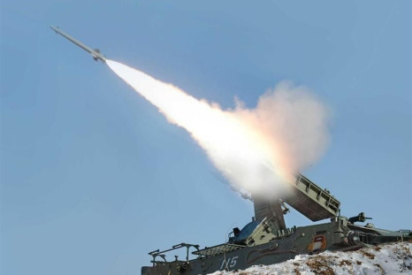 A rocket is fired during a drill of drone planes assaulting targets and a firing drill of self-propelled flak rocket destroying &quot;enemy&quot; cruise missiles coming in attack in low altitude, conducted by the air force and air defence artillery units 