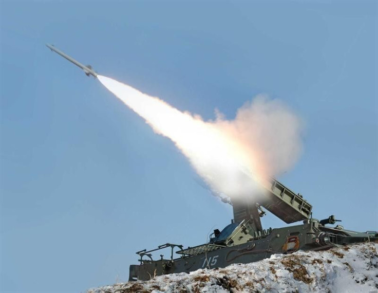 A rocket is fired during a drill of drone planes assaulting targets and a firing drill of self-propelled flak rocket destroying &quot;enemy&quot; cruise missiles coming in attack in low altitude, conducted by the air force and air defence artillery units 