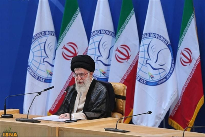 Iran&#039;s Supreme Leader Ayatollah Ali Khamenei speaks during the 16th summit of the Non-Aligned Movement in Tehran