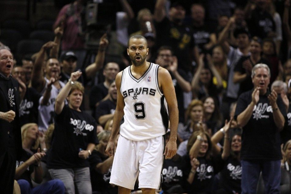 May 19, 2014 San Antonio, TX, USA San Antonio Spurs guard Tony Parker 9 celebrates a basket and a foul against the Oklahoma City Thunder in game one of the Western Conference Finals in the 2014 NBA Playoffs at ATT Center. 