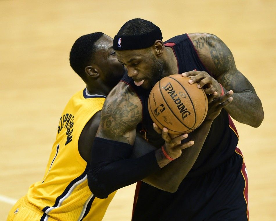May 20, 2014 Indianapolis, IN, USA Miami Heat forward LeBron James 6 leans in to Indiana Pacers guard Lance Stephenson 1 during the second half of game two of the Eastern Conference Finals of the 2014 NBA Playoffs at Bankers Life Fieldhouse. The Mia