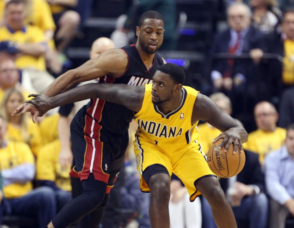 May 20, 2014 Indianapolis, IN, USA Miami Heat guard Dwayne Wade 3 defends against Indiana Pacers guard Lance Stephenson 1 in game two of the Eastern Conference Finals of the 2014 NBA Playoffs at Bankers Life Fieldhouse.