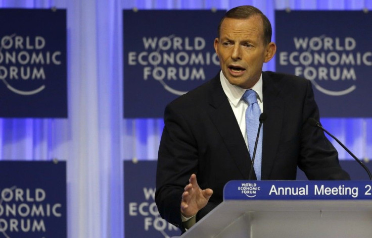 Australia&#039;s Prime Minister Abbott speaks during session of World Economic Forum in Davos