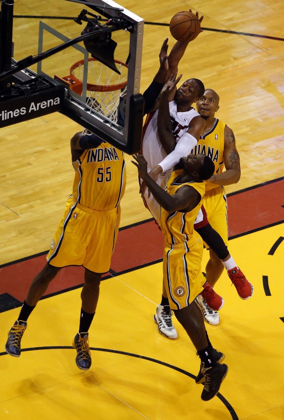 May 24, 2014 Miami, FL, USA Miami Heat guard Dwyane Wade 3 drives to the basket against Indiana Pacers center Roy Hibbert 55 , guard Lance Stephenson 1 and forward David West 21 in game three of the Eastern Conference Finals of the 2014 NBA Play