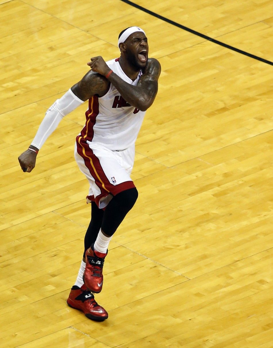 May 24, 2014 Miami, FL, USA Miami Heat forward LeBron James 6 celebrates Ray Allen not pictured three pointer against the Indiana Pacers in game three of the Eastern Conference Finals of the 2014 NBA Playoffs at American Airlines Arena. 