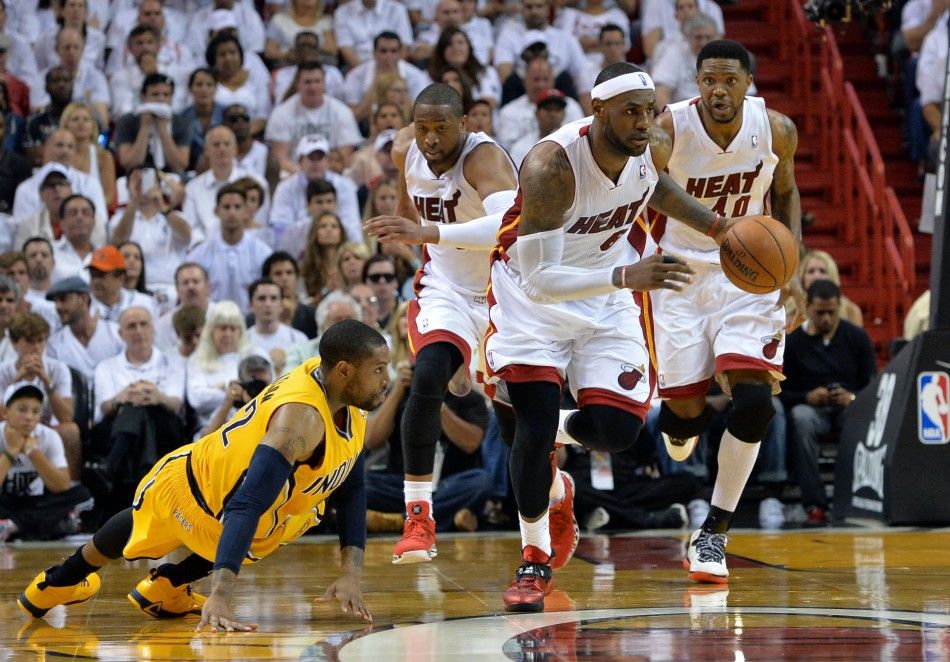 May 24, 2014 Miami, FL, USA Miami Heat forward LeBron James 6 pushes the ball up the court against the Indiana Pacers in game three of the Eastern Conference Finals of the 2014 NBA Playoffs at American Airlines Arena.  