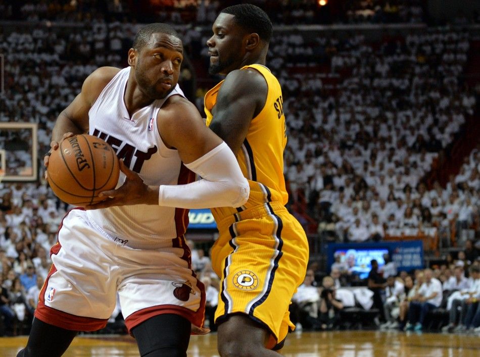 May 24, 2014 Miami, FL, USA Miami Heat guard Dwyane Wade 3 leans into Indiana Pacers guard Lance Stephenson 1 in game three of the Eastern Conference Finals of the 2014 NBA Playoffs at American Airlines Arena. 