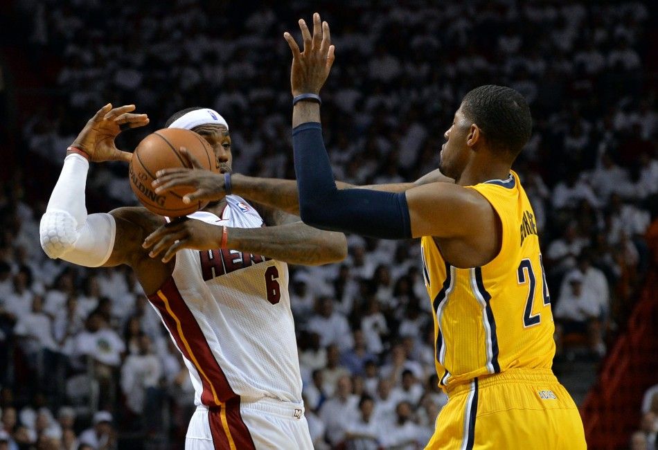 May 24, 2014 Miami, FL, USA Miami Heat forward LeBron James 6 battles for a loose ball with Indiana Pacers guard George Hill 3 in game three of the Eastern Conference Finals of the 2014 NBA Playoffs at American Airlines Arena. 