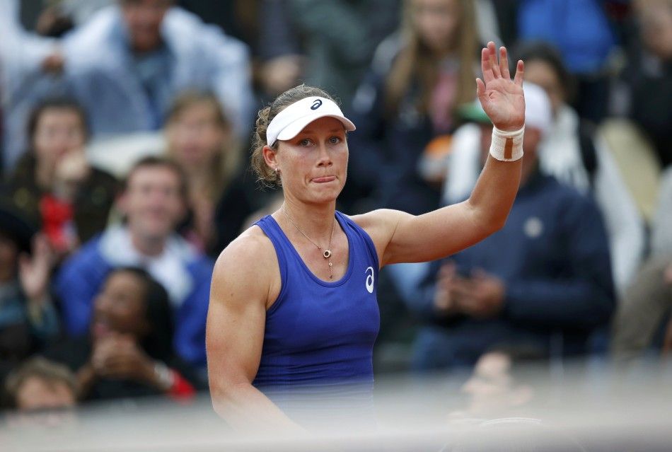 Samantha Stosur of Australia reacts during her womens singles match against Monica Puig of Puerto Rico at the French Open tennis tournament at the Roland Garros stadium in Paris May 26, 2014. 