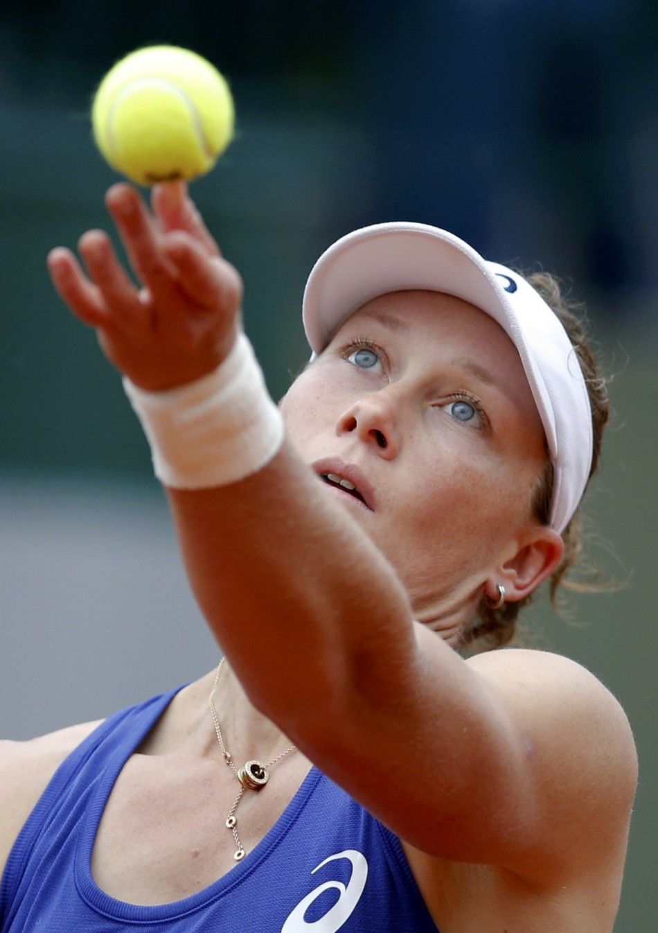 Samantha Stosur of Australia prepares to serve to Monica Puig of Puerto Rico during their womens singles match at the French Open tennis tournament at the Roland Garros stadium in Paris May 26, 2014. 